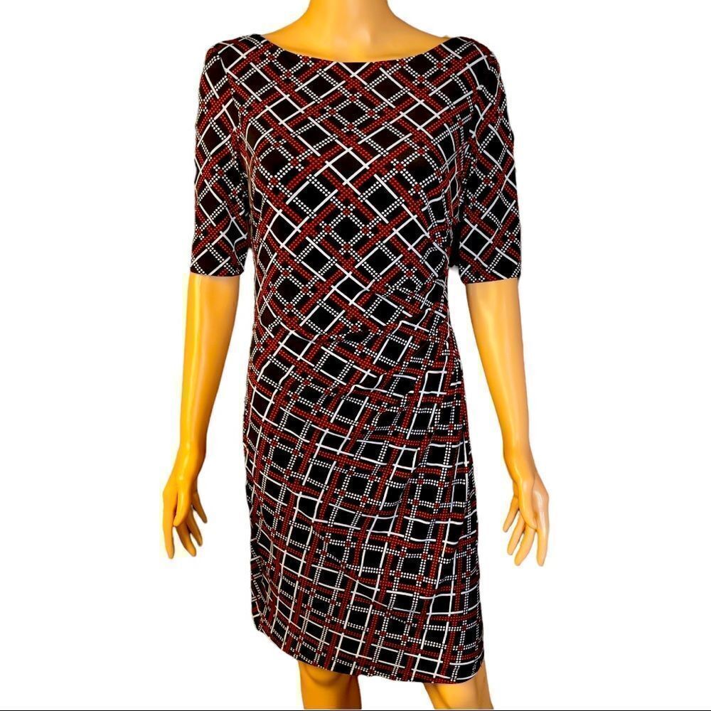Anne Klein Red Black & White Ruched One Side Waist Dress Size 6